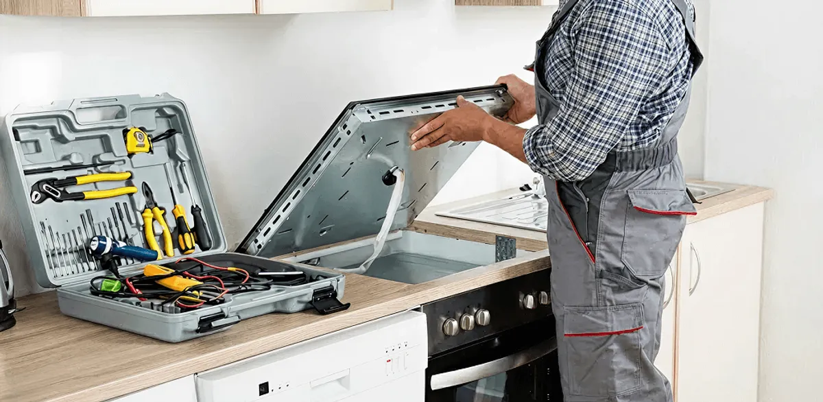 Handyman repairing a cooktop and checking wiring connections in Baton Rouge, LA