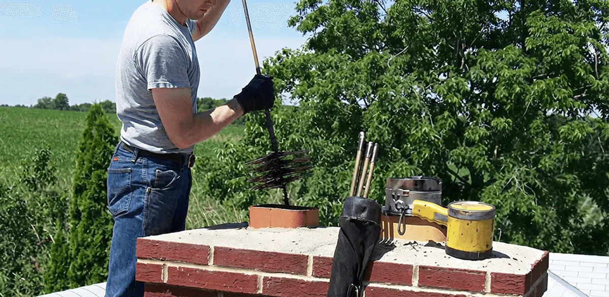 Chimney cleaning technician working on a rooftop chimney with professional tools in Baton Rouge, LA
