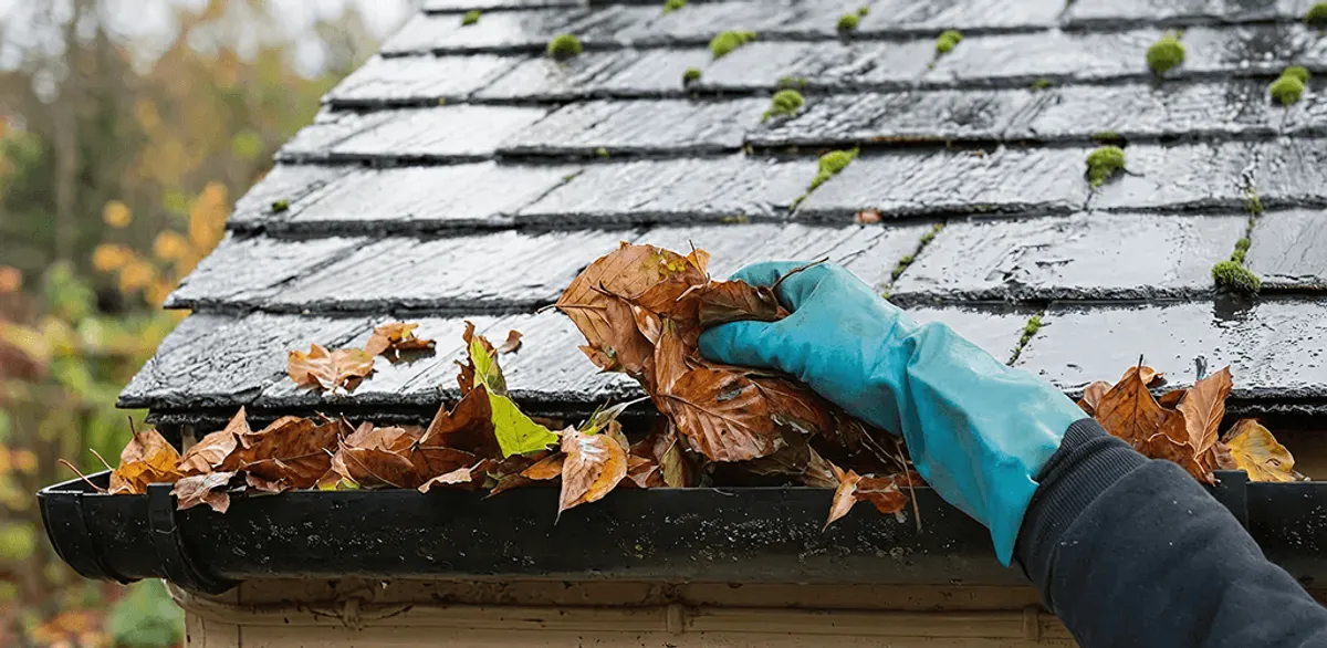 Gutter cleaning technician clearing wet leaves from roof gutters in Baton Rouge, LA